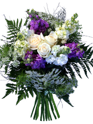 Jardin de Mabel - Roses and Stock Flower Bouquet - Inspired by design expert, Mabel White, this beautiful rose bouquet is very versatile. It is elegant enough to go onto a festive dinner table and it is sweet enough to honor someone you greatly care about. 
Three exquisite roses are surrounded by sweet scented stock in purple, white and cream. Whimsical Queen Anne's Lace give this bouquet an airy appearance that is just sublime.

Order your hand-tied roses bouquet by 1:00 EST for FedEx next day delivery Tuesday-Saturday. Elegant vases and other special items are available during checkout. Overnight delivery Tuesday - Friday is $10.99, Saturday is $19.99. 

Satisfaction with your flowers is guaranteed. All of our flower bouquets are shipped farm fresh. Your flowers come hand-tied, budding, and ready to make someone smile.<br><br>Code:10067-9752-10067-0000082786